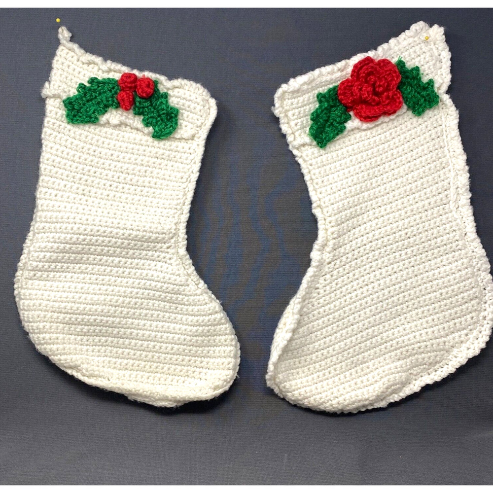 VTG 2 Christmas Stockings 14" Hand Crochet White Holly Poinsettia Granny MCM